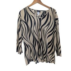 Brittany Blake Woman Tan Black Abstract Zebra Plisse Pleated V-Neck Top 2X USA